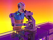 Humanoid robot working with microscope, illustration