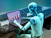 Humanoid robot working with laptop, conceptual illustration