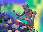 Humanoid robot working in laboratory, conceptual illustration