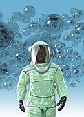 Man wearing a protective suit against viruses, illustration