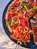 Pizza with tomatoes, anchovies and rocket salad