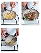 Prepare fillet of beef with sliced potatoes and red wine