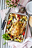 Roasted chicken with chickpeas, peppers, and feta