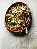 Barley salad with butternut squash, blue cheese, and maple syrup candied walnuts