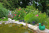 A garden pond surrounded by summer flowers