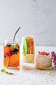 Berry and mint iced tea jars, Strawberry shortcake cheesecake jars, Hummus and veggie dippers