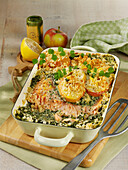 Kale and salmon casserole with apples