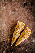Waffle cones on a dark background