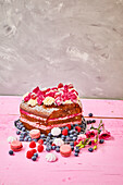 Heart-shaped chocolate raspberry cake