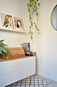 Lowboard with bread box and food processor, above shelf with modern art and houseplant