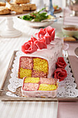 Battenberg cake - chequerboard cake in a marzipan coating