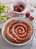 Round plum swirl pie