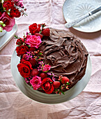 Chocolate cake with fresh fruit and flower garnish