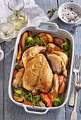 Whole roasted chicken with apple and pear stuffing