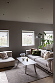 Upholstered furniture in the living room in beige and light grey