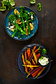 Grilled broccoli, colourful carrots with dip