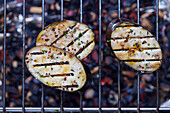 Grilled eggplant slices on a grill rack