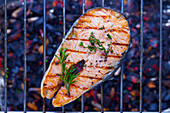 Grilled salmon cutlet on a grill grate