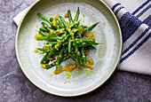 Green beans with lemon zest, chili, and turmeric