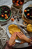 Preparing a tart with cherries and apricots