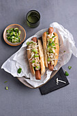 Vegan hot dogs with soy sausages and mac and 'cheese