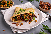 Herb crêpes with Pulled Mushroom Spinach Chickpea Pan