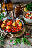 Vegan chickpea balls in tomato sauce