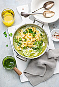 Creamy potato and wild garlic soup with farfalle