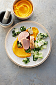 Pork fillet with pumpkin puree and chard