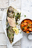 Baked herb trout with a carrot salad