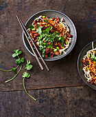 Udon noodles with edamame and chilli mince