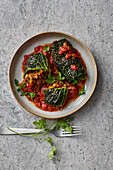 Savoy cabbage parcels filled with green spelt meal on tomato sauce