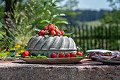 Kuchenform dekoriert mit frischen Erdbeeren auf Mauer im Garten