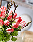 Blumenstrauß mit Tulpen (Tulipa) 'Lingerie'und gewöhnlichem Schneeball (Viburnum opulus) 'Roseum''