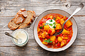 Bavarian potato goulash with peppers and bacon