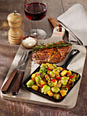 Roast beef steak with Brussels sprouts and roast potatoes