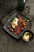 Roast beef slices with garlic pickles and parsnip puree
