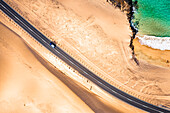 Car traveling on road in between sand dunes and ocean, aerial view, Corralejo Natural Park, Fuerteventura, Canary Islands, Spain, Atlantic, Europe