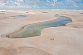 Luftaufnahme von Süßwasserseen zwischen riesigen Sanddünen im Lencois Maranhenses National Park, Maranhao, Brasilien, Südamerika