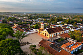 Aerial of the Iglesia De Santa Barbara, Mompox, UNESCO World Heritage Site, Colombia, South America