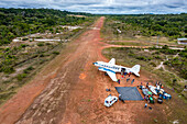 Aerial of a DC3 aircraft on a landing strip, San Felipe, Colombia, South America