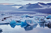 Ice floes in the lagoon at Jokulsarlon, looking towards the Vatnajokull icecap, Vatnajokull National Park, south coast Iceland, Polar Regions