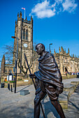 Mahatma Gandhi Statue and Manchester Cathedral, Manchester, England, United Kingdom, Europe