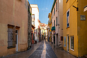 Traditionelle Dorfstraße mit bunten Häusern, Collioure, Pyrenees Orientales, Frankreich, Europa
