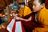 Mönche bei einer Zeremonie mit tibetisch-buddhistischem Gebetbuch in Sanskrit, buddhistischer Ganesh-Saraswati-Tempel, Kathmandu, Nepal, Asien