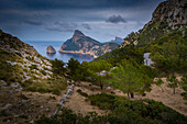 View of cyclists on road to Cap Formentor from the viewpoint at Mirador Es Colomer, Pollenca, Majorca, Balearic Islands, Spain, Mediterranean, Europe
