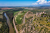 Aerial of the Castle of Almodovar del Rio on the Guadalquivir River, Andalusia, Spain, Europe