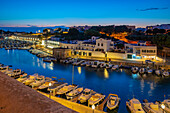 View of marina at dusk from elevated position, Ciutadella, Menorca, Balearic Islands, Spain, Mediterranean, Europe
