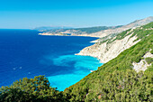 High angle view of Myrtos beach and turquoise sea from coastline, Kefalonia, Ionian Islands, Greek Islands, Greece, Europe