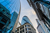 Architectural detail including The Gherkin, City of London, London, England, United Kingdom, Europe